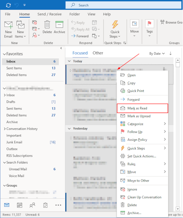 Outlook 365 Desktop Client Mark All as Read in Email Right Click Menu