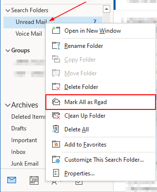 Outlook 365 Desktop Client Mark All as Read in Folder Right Click Menu