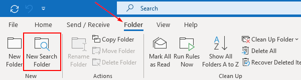 Outlook 365 Desktop Client New Search Folder in Ribbon Bar