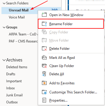 Outlook 365 Desktop Client Rename Folder in Search Folder Right Click Menu
