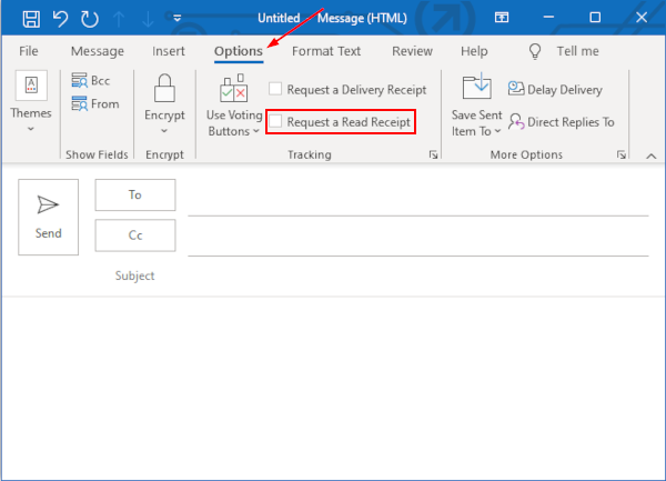 Outlook 365 Desktop Client Request Read Receipt Checkbox in Options Tab of New Email
