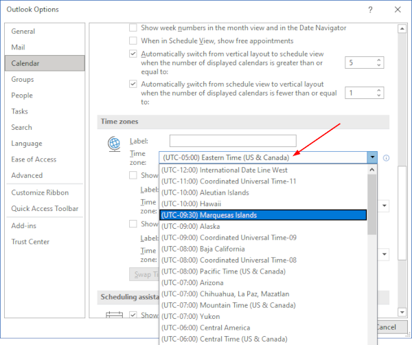 Outlook 365 Desktop Client Time Zones in Time Zone Dropdown in Outlook Options