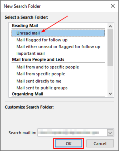 Outlook 365 Desktop Client Unread Mail in New Search Folder Window
