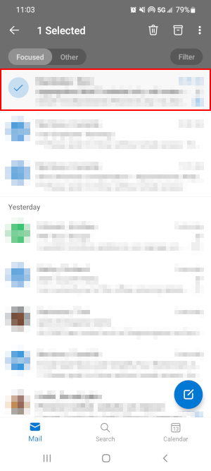 Outlook Mobile App Checkmark on Single Selected Email