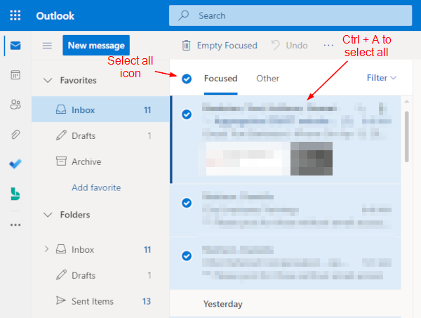 Outlook for the Web All Emails in Inbox Selected
