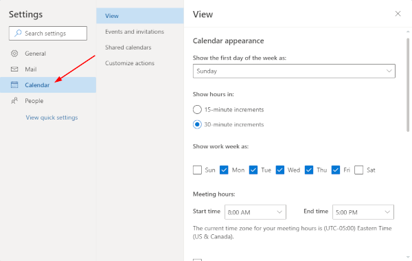 Outlook for the Web Calendar Tab in Settings