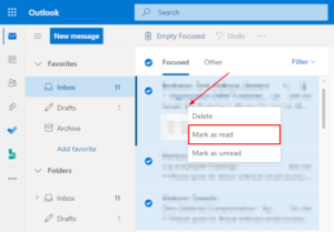 Outlook for the Web Mark All as Read in Email Right Click Menu