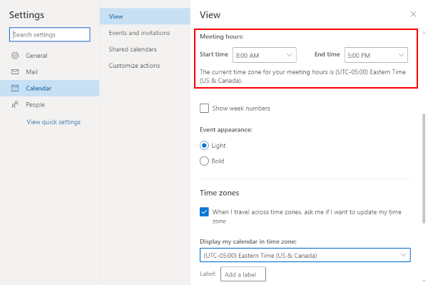 Outlook for the Web Meeting Hours in Outlook Calendar Settings