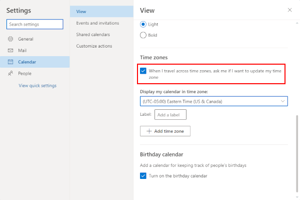 Outlook for the Web Prompt to Update Time Zone Checkbox in Outlook Calendar Settings