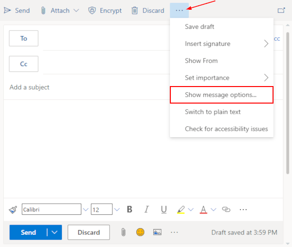 Outlook for the Web Show Message Options in New Email Ellipsis Menu
