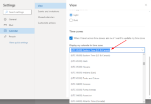 Outlook for the Web Time Zones in Time Zone Dropdown in Settings