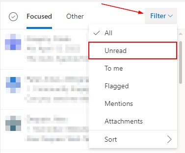 Outlook for the Web Unread in Filter Menu
