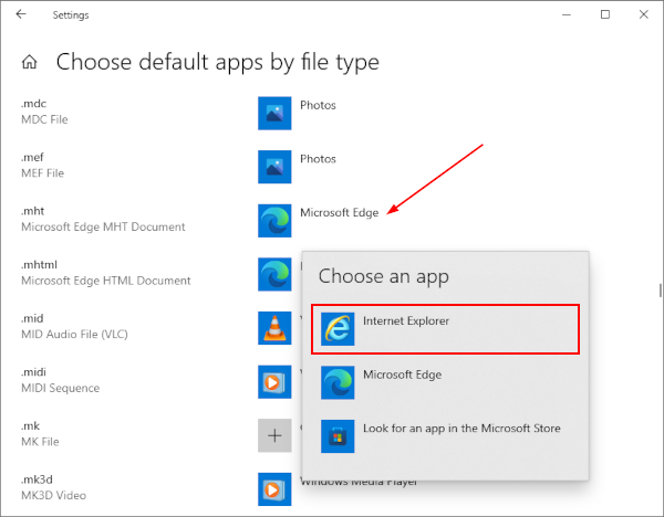 Windows 10 Choose New Default Application for MHT File Type in Default Apps