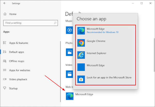 Windows 10 Choose New Default Web Browser Menu in Default Apps Settings