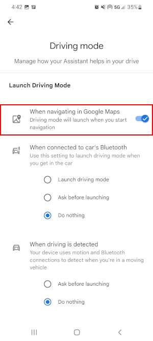 Driving Mode When Navigating Toggle in Google Assistant Driving Mode Settings