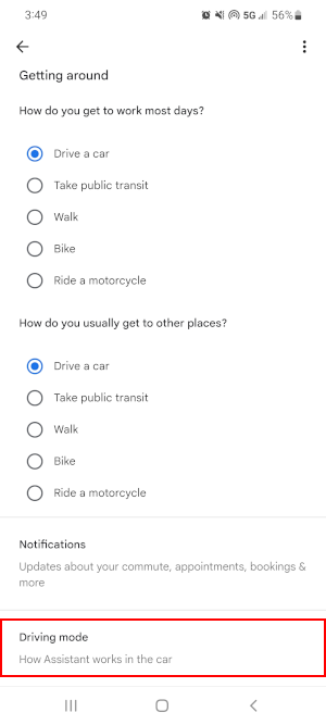 Driving Mode in Google Assistant Transportation Settings