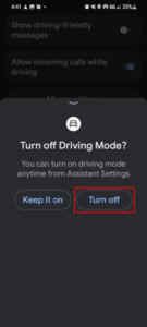 Google Maps Driving Mode Turn Off Button in Turn Off Driving Mode Confirmation Window