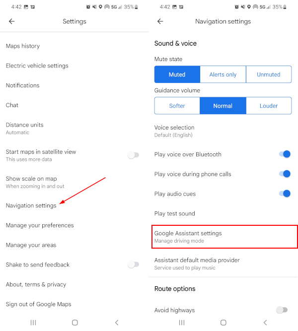 Google Maps Google Assistant Settings in Navigation Settings Screen