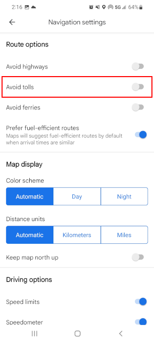 Google Maps Mobile App Avoid Tolls Under Route Options in Navigation Settings