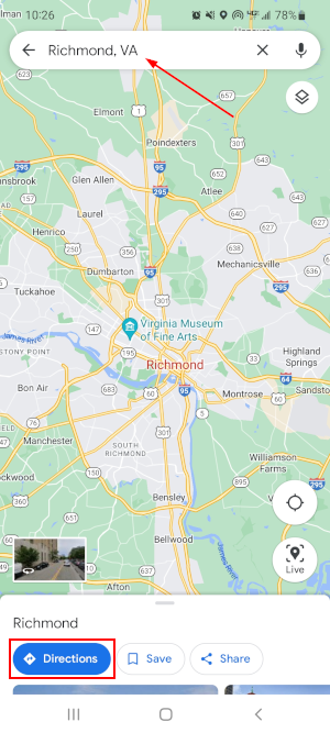 Google Maps Mobile App Directions Button on Search Results Screen Richmond VA