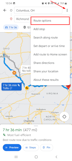 Google Maps Mobile App Route Options in Ellipses Menu on Route Overview Screen