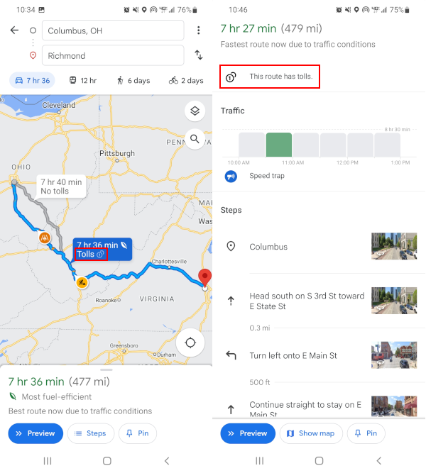 Google Maps Mobile App Tolls Warning on Route
