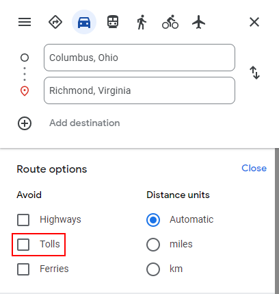 Google Maps Web Avoid Tolls in Route Options Menu