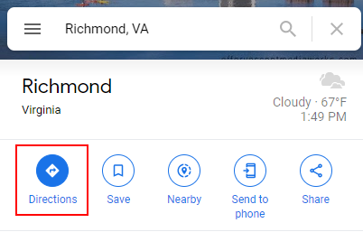 Google Maps Web Directions Button on Search Results Page Richmond VA