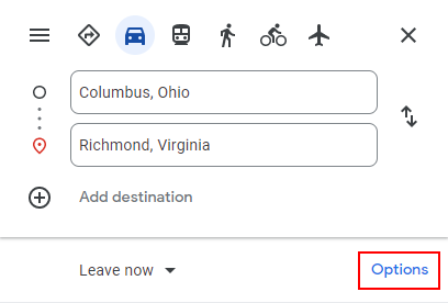 Google Maps Web Options Below Starting and Destination Locations