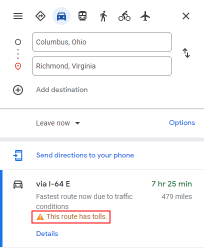 Google Maps Web Tolls Warning on Route