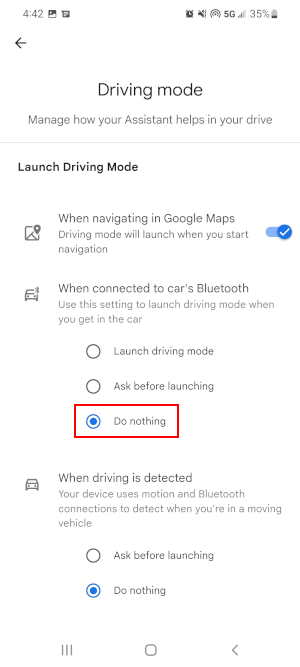 Launch Driving Mode When Connected to Bluetooth Options in Google Assistant Driving Mode Settings