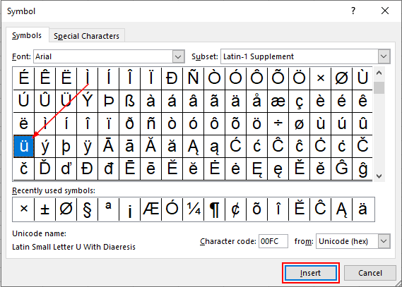 Microsoft Excel Accented Letter Selected in Insert Symbol Window