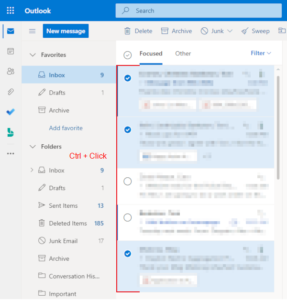Outlook for the Web Emails Selected with Ctrl Click