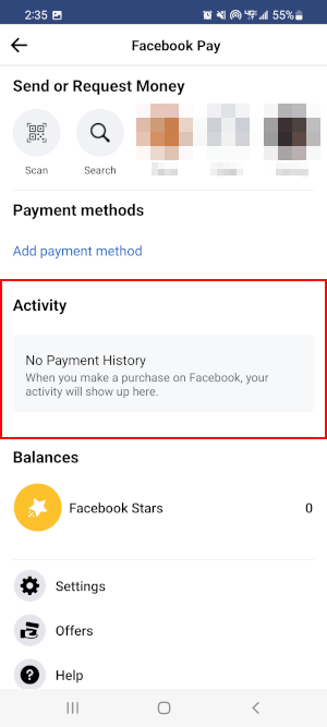Facebook Mobile App Activity Section on Facebook Pay Screen