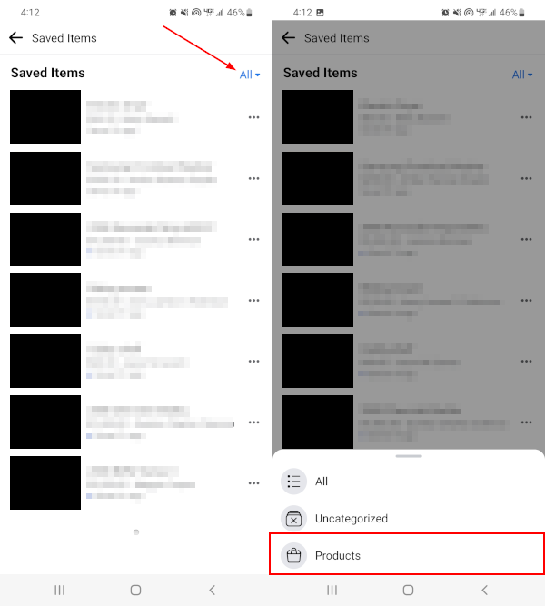 Facebook Mobile App Products in Filter Menu on Saved Items Screen