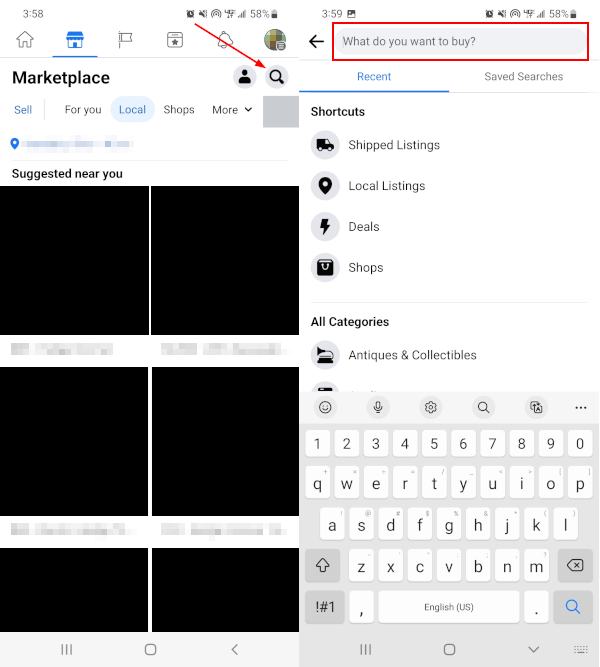 Facebook Mobile App Search Icon and Search Bar in Marketplace