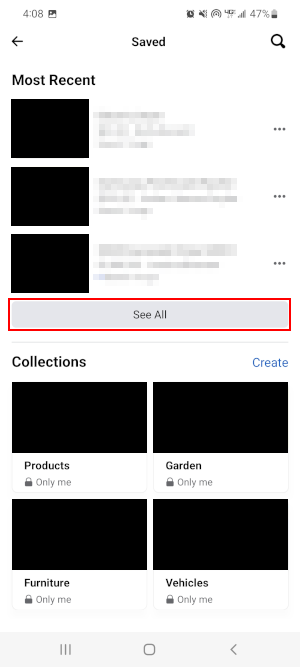 Facebook Mobile App See All Button on Saved Items Screen
