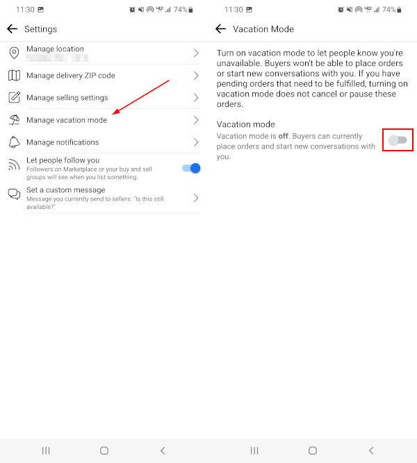 Facebook Mobile App Vacation Mode in Marketplace User Settings
