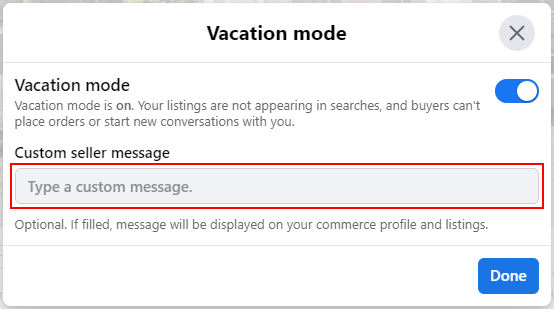 Facebook Web Custom Seller Message Field in Manage Vacation Mode Window