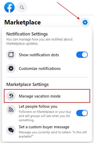 Facebook Web Manage Vacation Mode in Marketplace Settings Menu