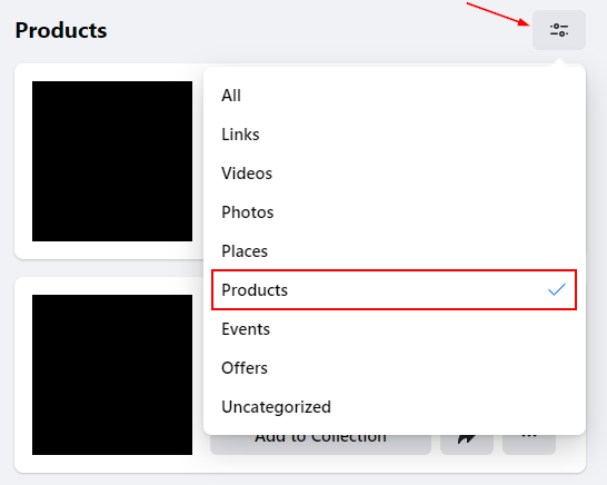 Facebook Web Products in Filter Menu on Saved Items Page