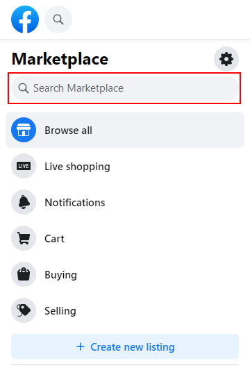 Facebook Web Search Bar in Leftmost Menu of Marketplace