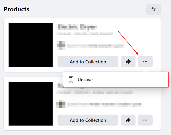 Facebook Web Unsave in Ellipsis Menu on Saved Items Page