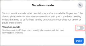 Facebook Web Vacation Mode Toggle in Manage Vacation Mode Window