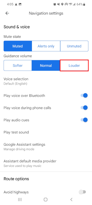 Google Maps Louder Button Below Guidance Volume in Navigation Settings