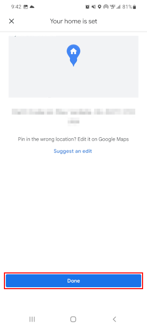 Google Maps Mobile App Done Button on Home Set Screen