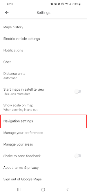 Google Maps Mobile App Navigation Settings in Settings