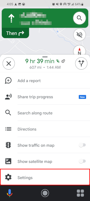 Google Maps Settings in Swipe Up Options Menu