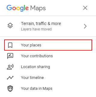 Google Maps Web Your Places in Hamburger Menu