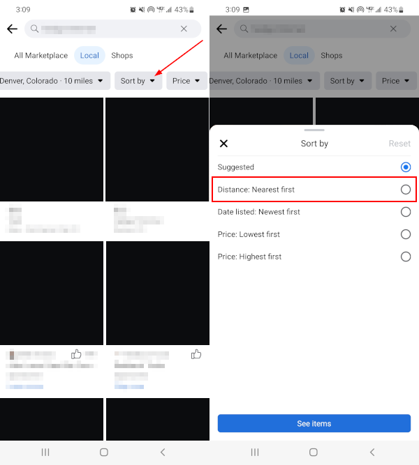 Facebook Mobile App Distance Nearest First in Sort By Filter Menu in Marketplace